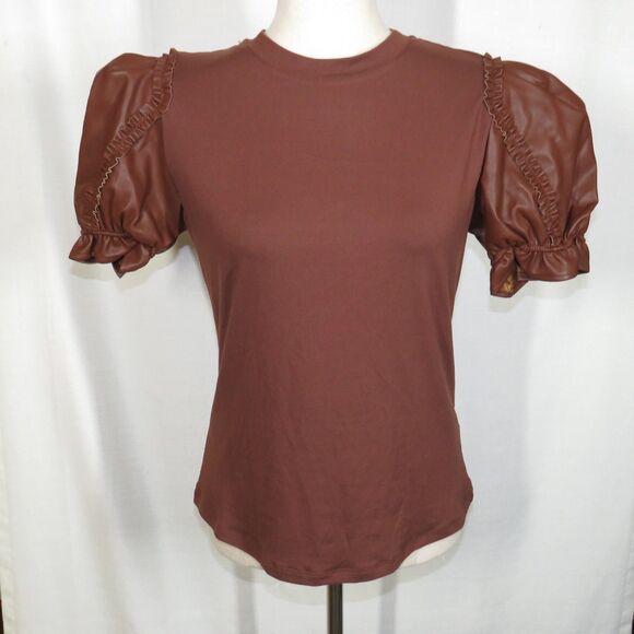 G by Giuliana G-Knit Top with Ruffled Faux Leather Sleeves Brown Size Medium - Picture 5 of 9